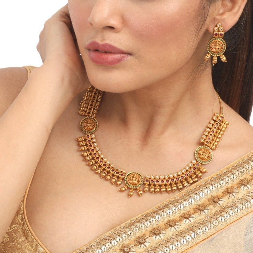 Antique Gold Plated Ambika Necklace and Earrings Set