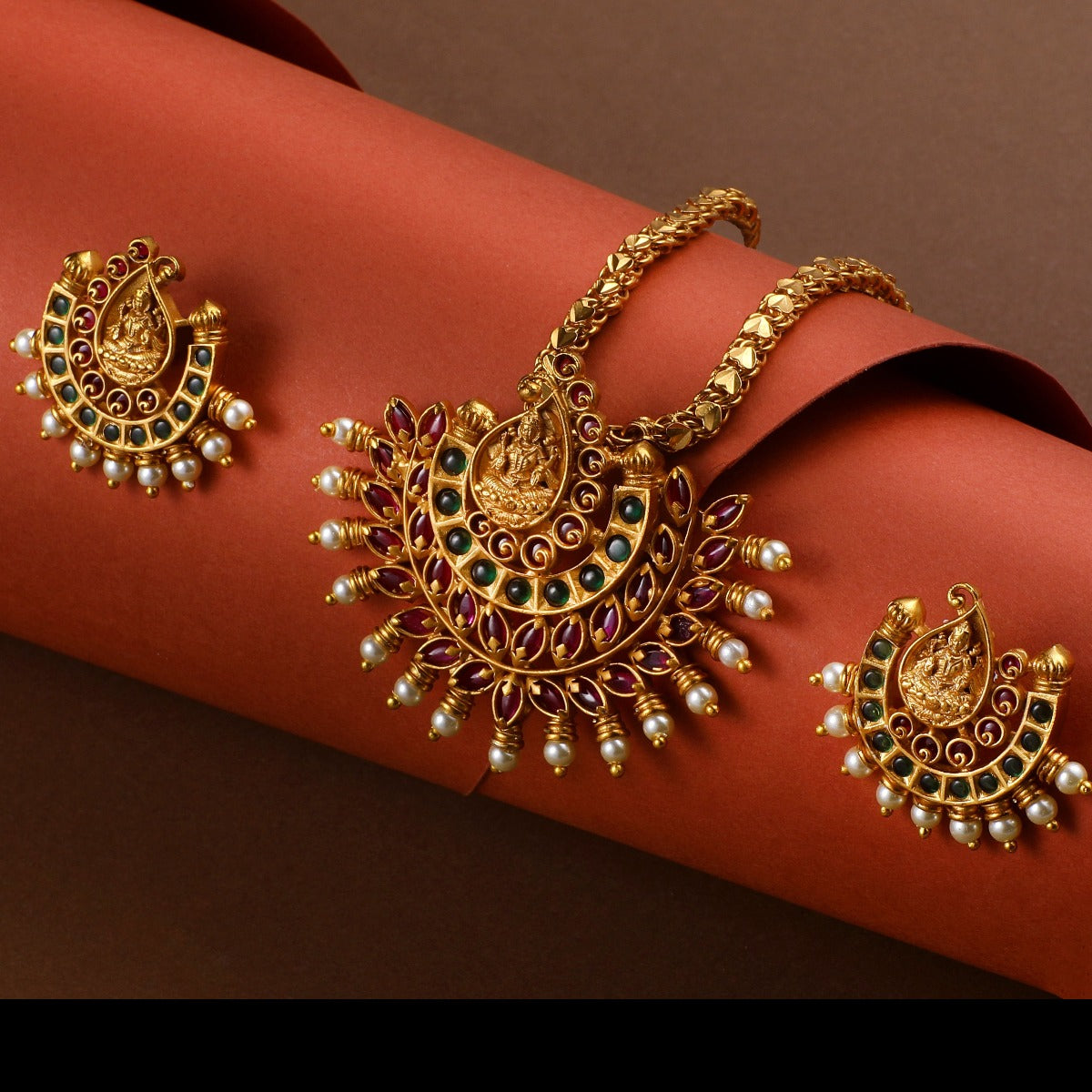 Antique Gold Plated Laxmi Motif Pendant Earrings Set