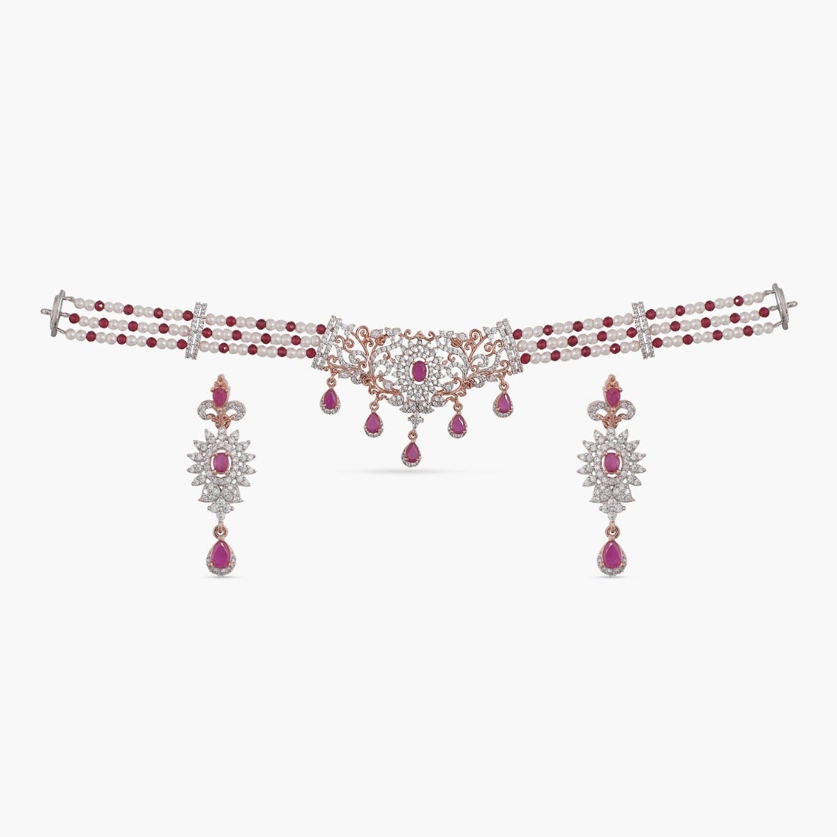 Fine Quality Victorian Ruby Pink Diamond Choker Necklace With Earrings