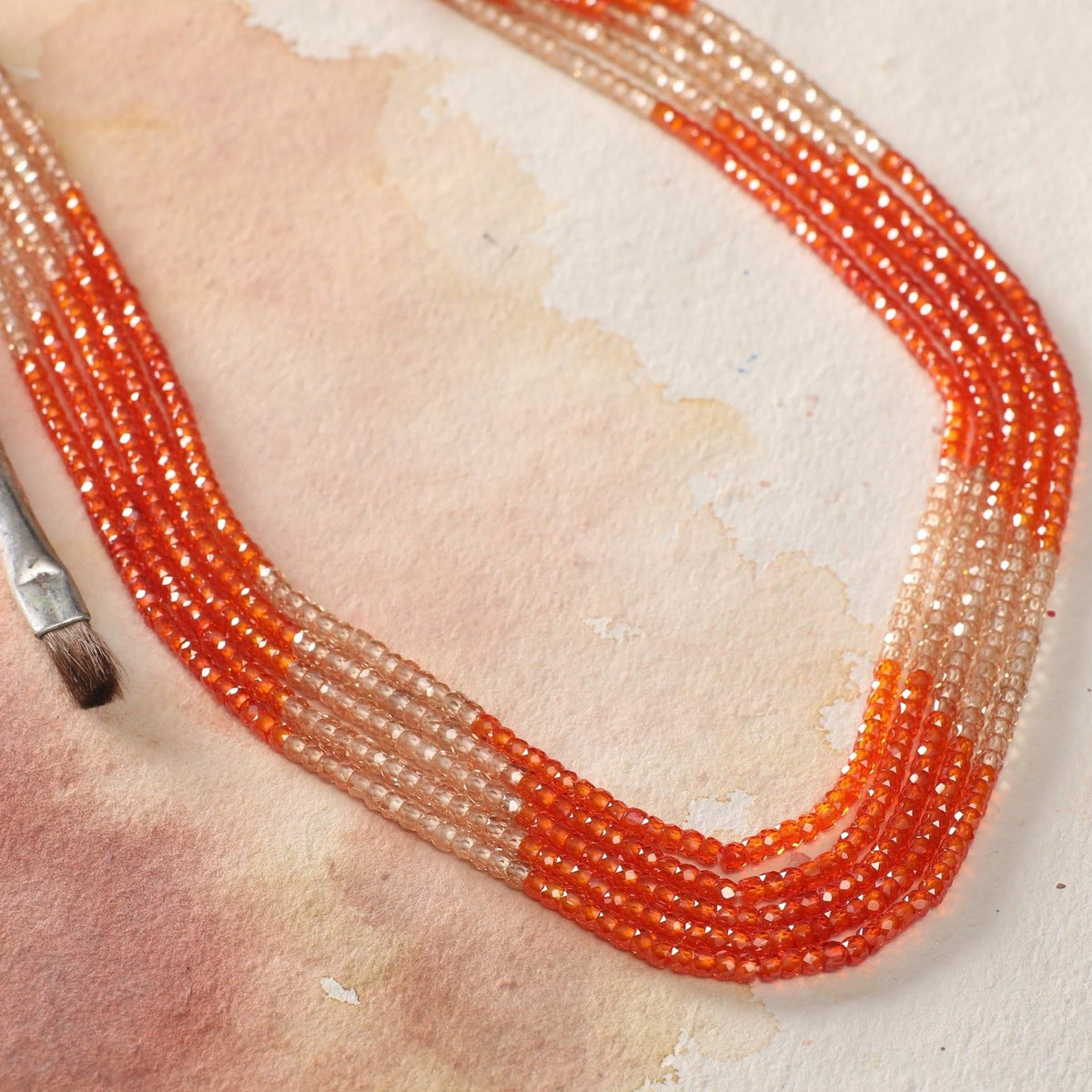 Orange with Champagne Cubic Zirconia Faceted Beads Necklace