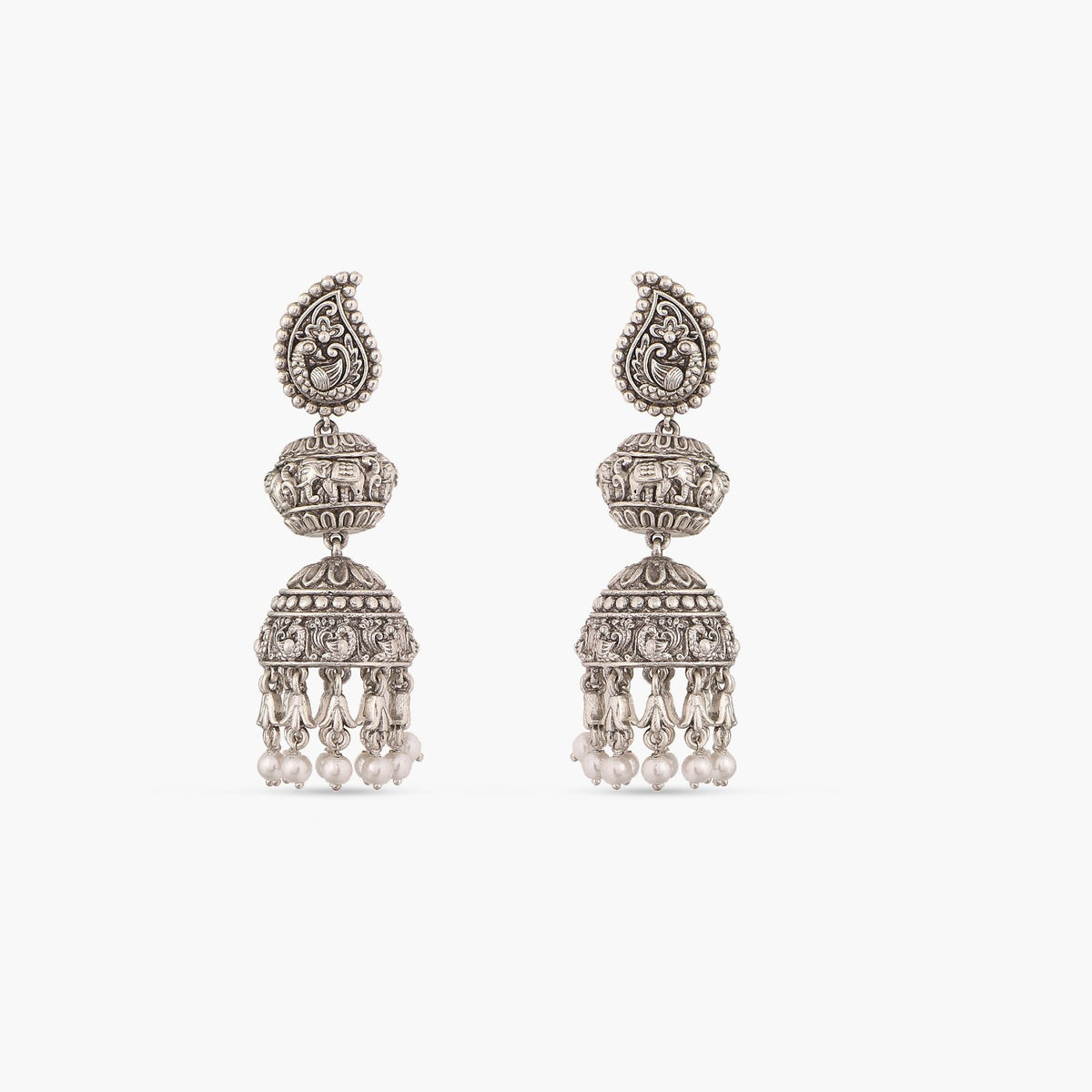 Maati Elephant Peacock Antique Oxidized Jhumka Earrings