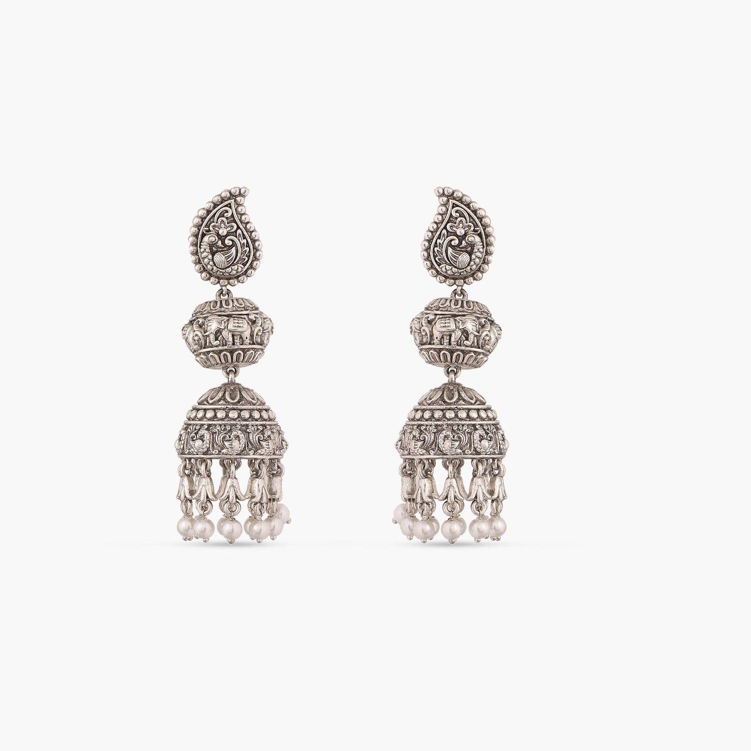 Maati Elephant Peacock Antique Oxidized Jhumka Earrings
