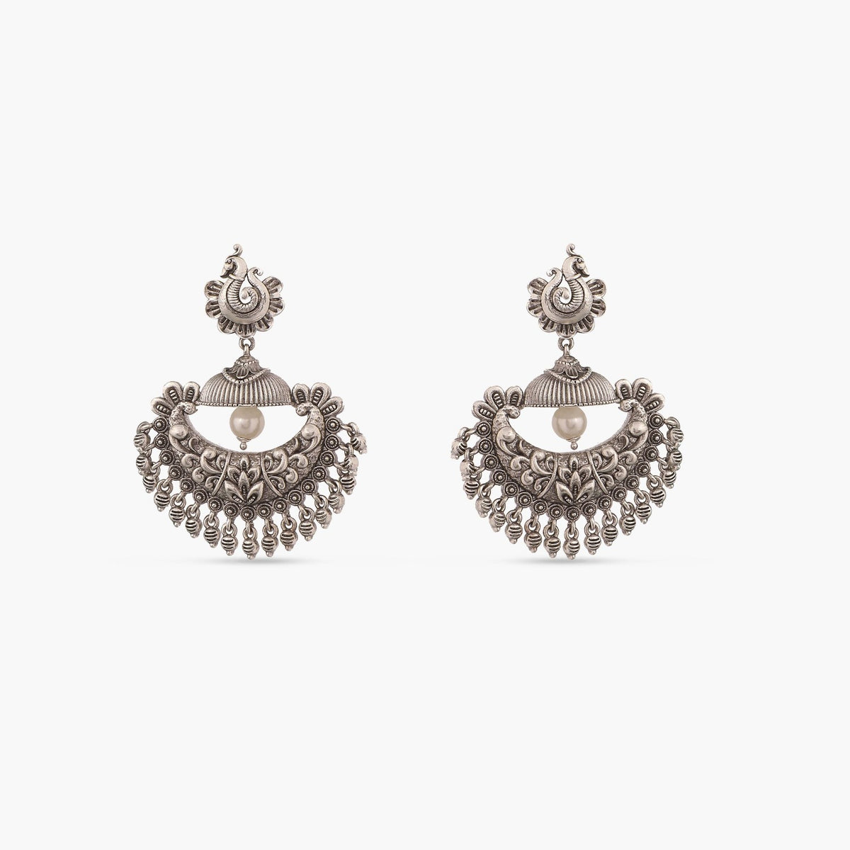 Maati Peacock Floral Antique Oxidized Chandbali Earrings