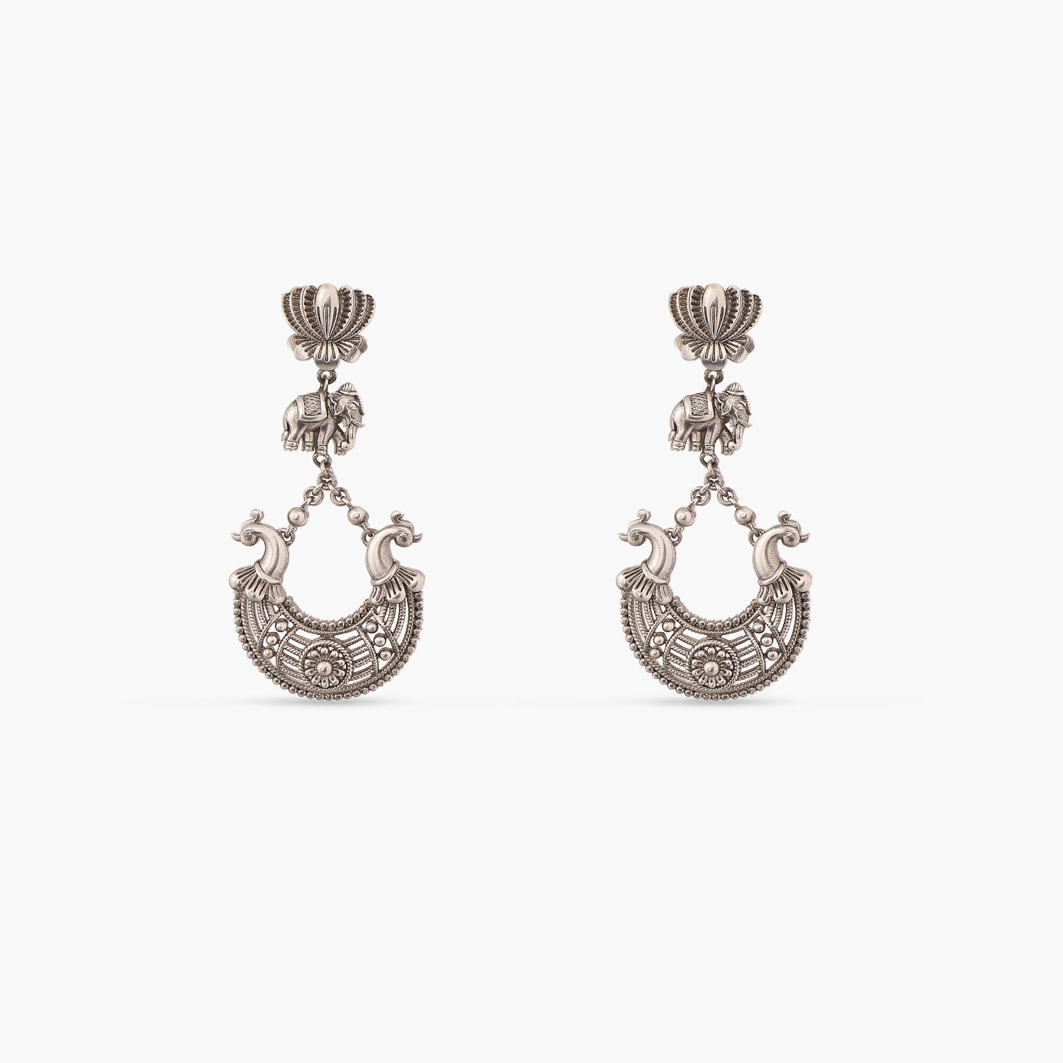 Maati Elephant Lotus Antique Oxidized Long Chandbali Earrings