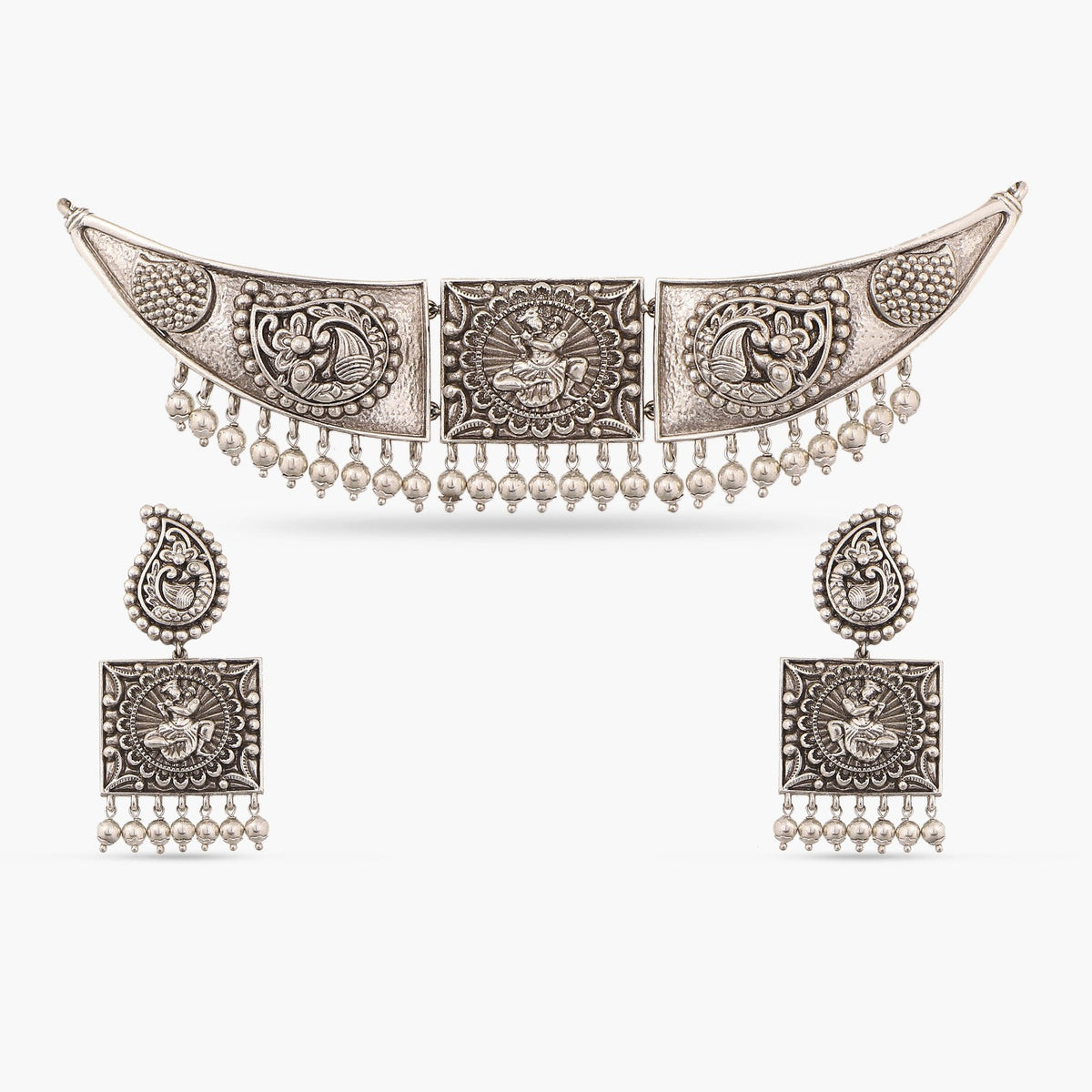 Maati Peacock Square Antique Oxidized Statement Choker Set