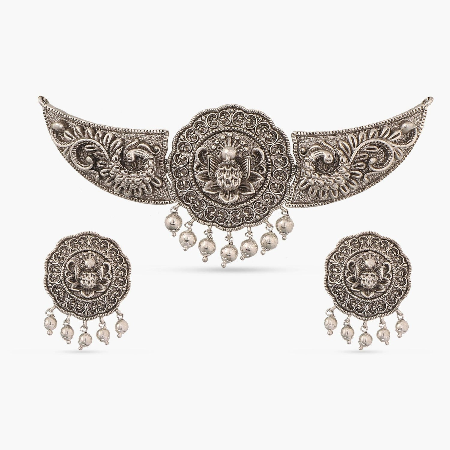 Maati Peacock Round Antique Oxidized Statement Choker Set