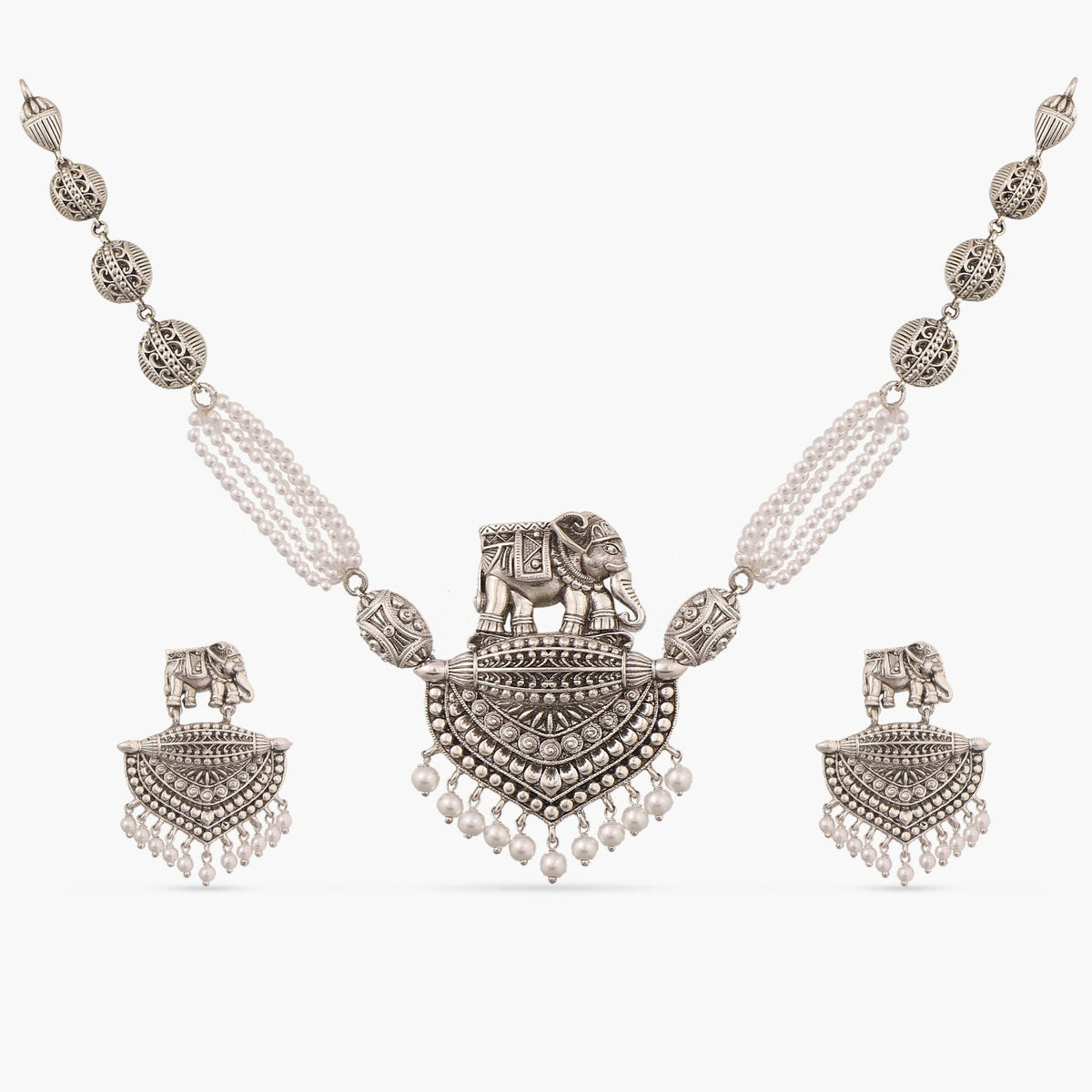 Maati Elephant &amp; Pearl Antique Oxidized Necklace Set