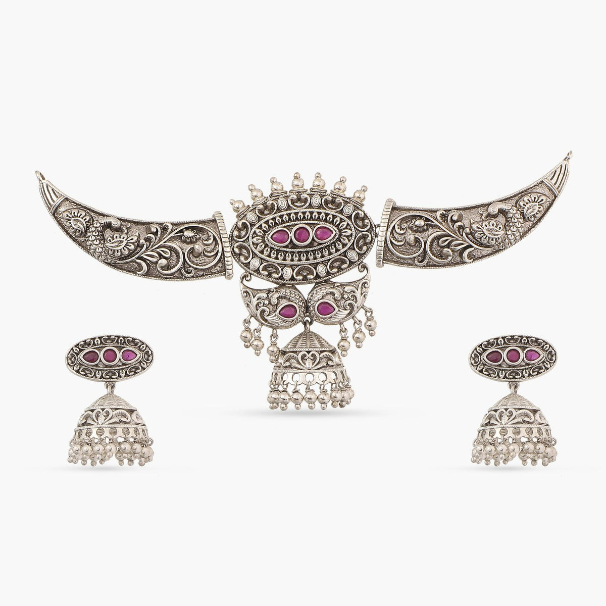 Maati Peacock Jhumki Statement Antique Oxidized Choker Set