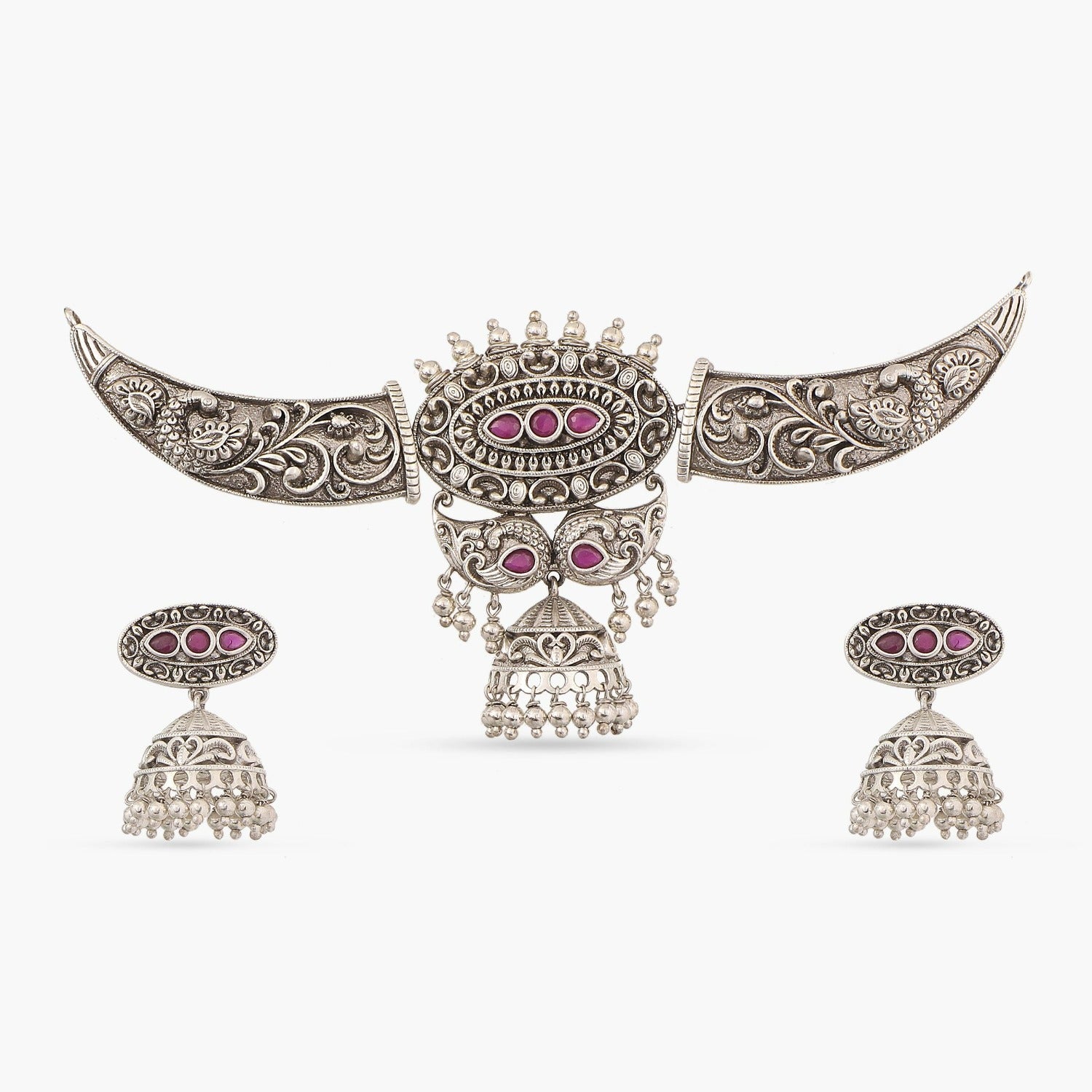 Maati Peacock Jhumki Statement Antique Oxidized Choker Set