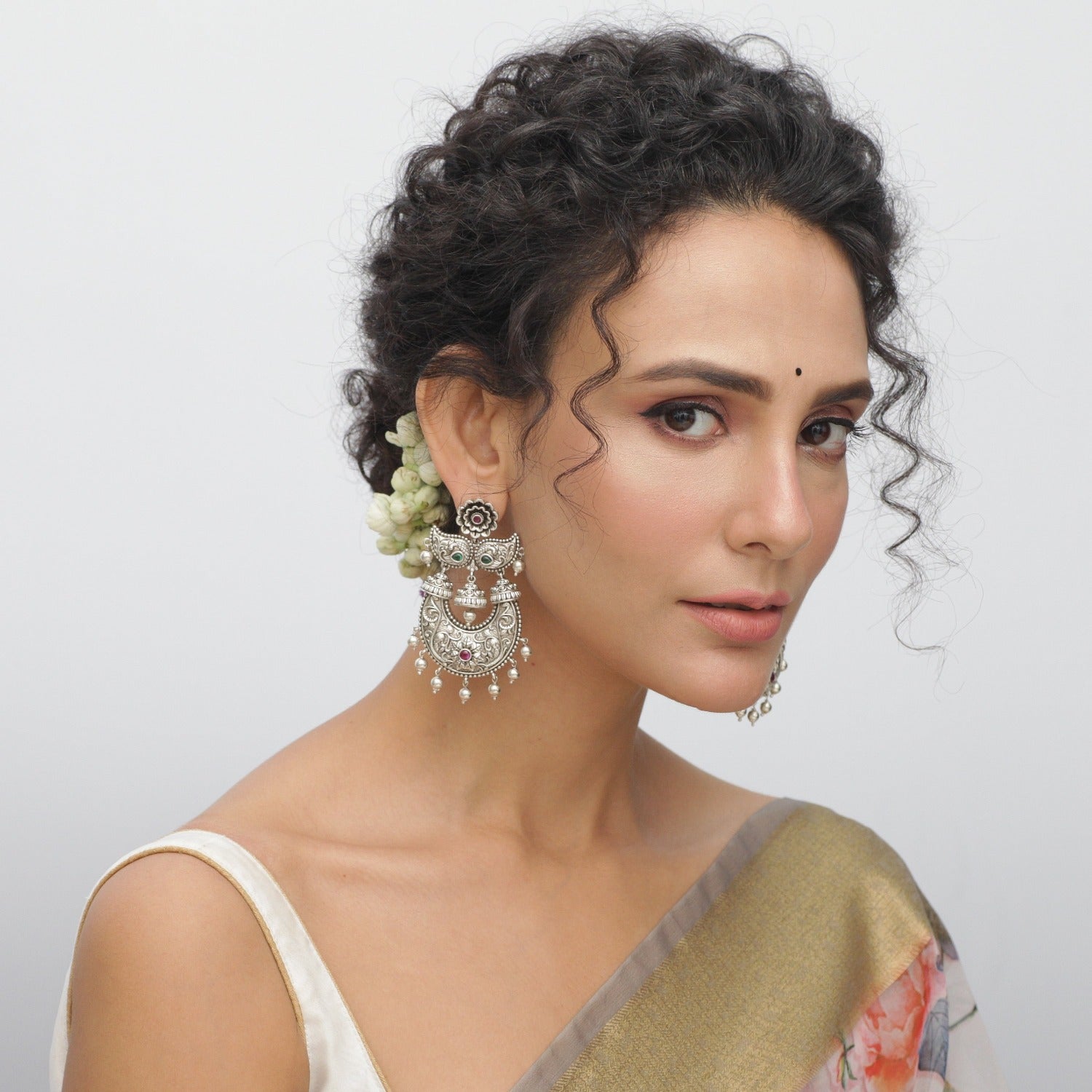 Maati Floral Statement Antique Oxidized Chandbali Earrings