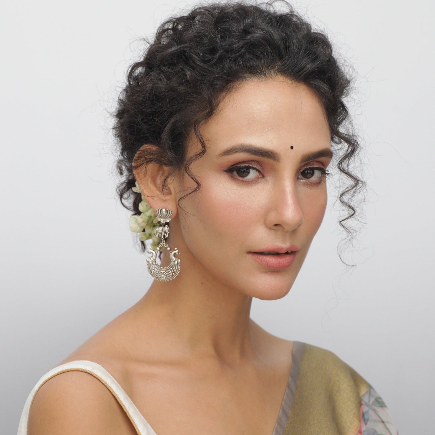 Maati Elephant Lotus Antique Oxidized Long Chandbali Earrings