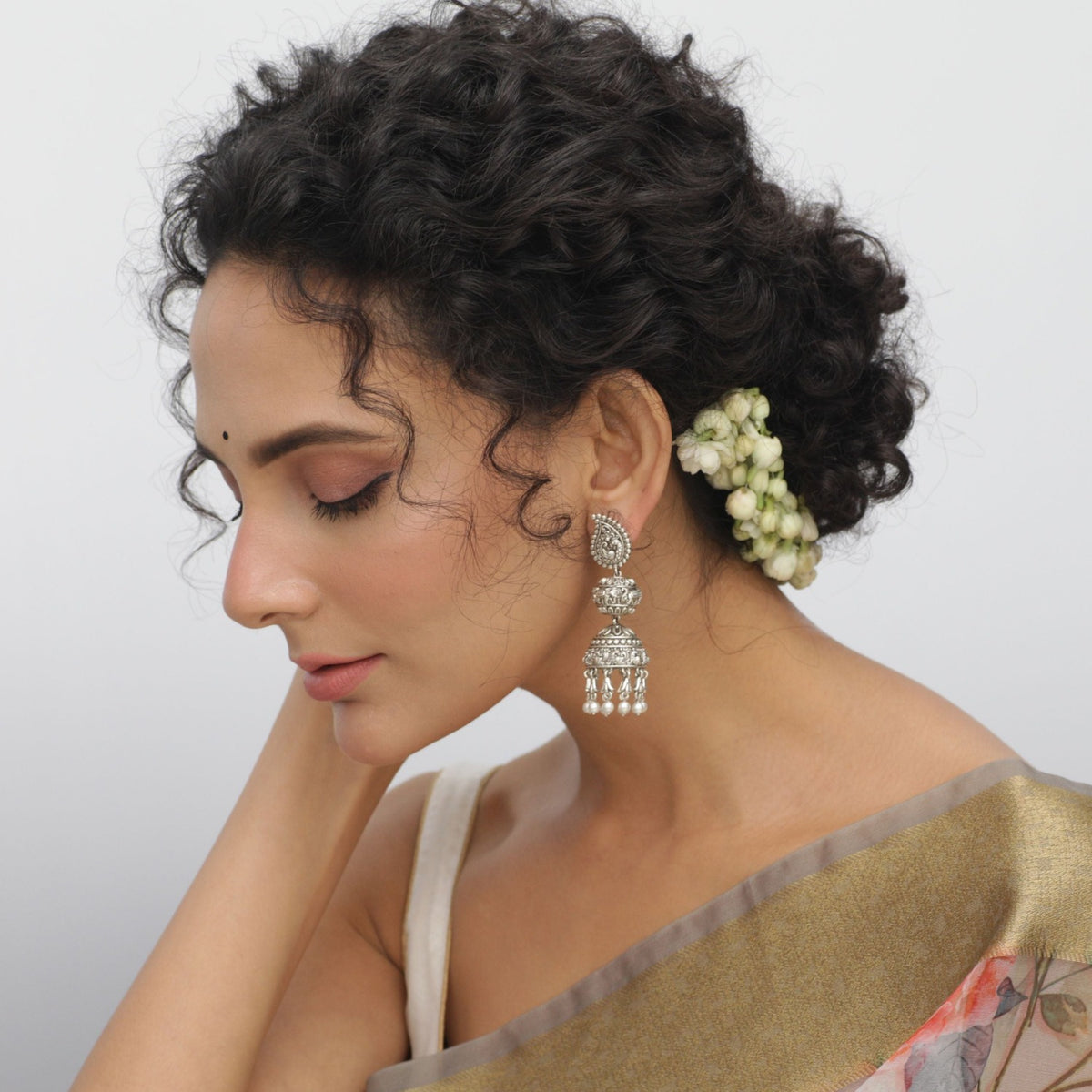 Maati Elephant Peacock Antique Oxidized Jhumka Earrings