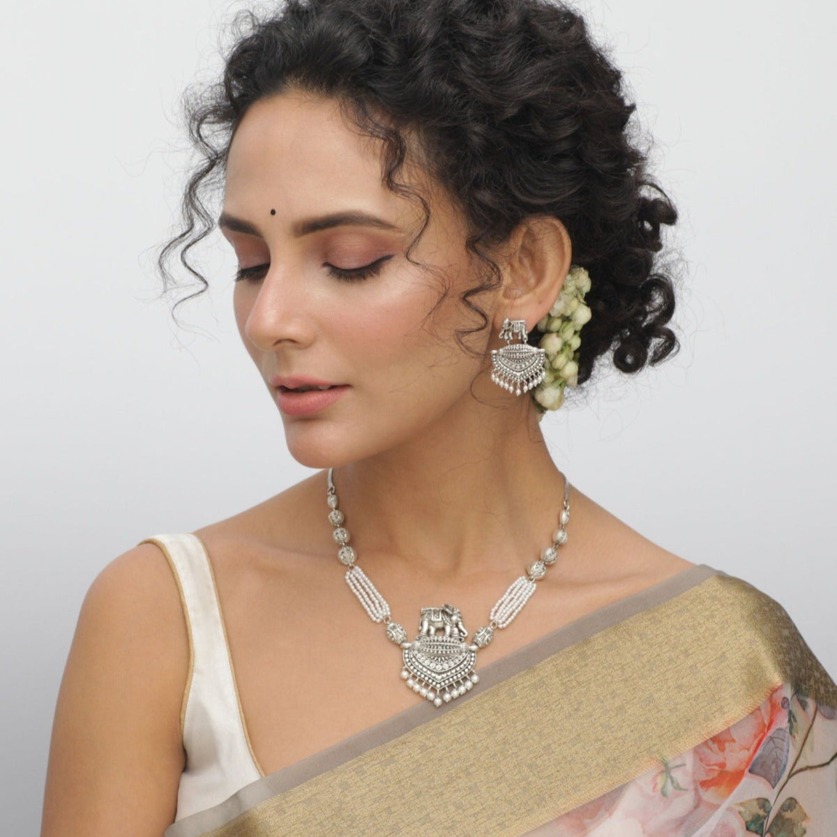 Maati Elephant & Pearl Antique Oxidized Necklace Set