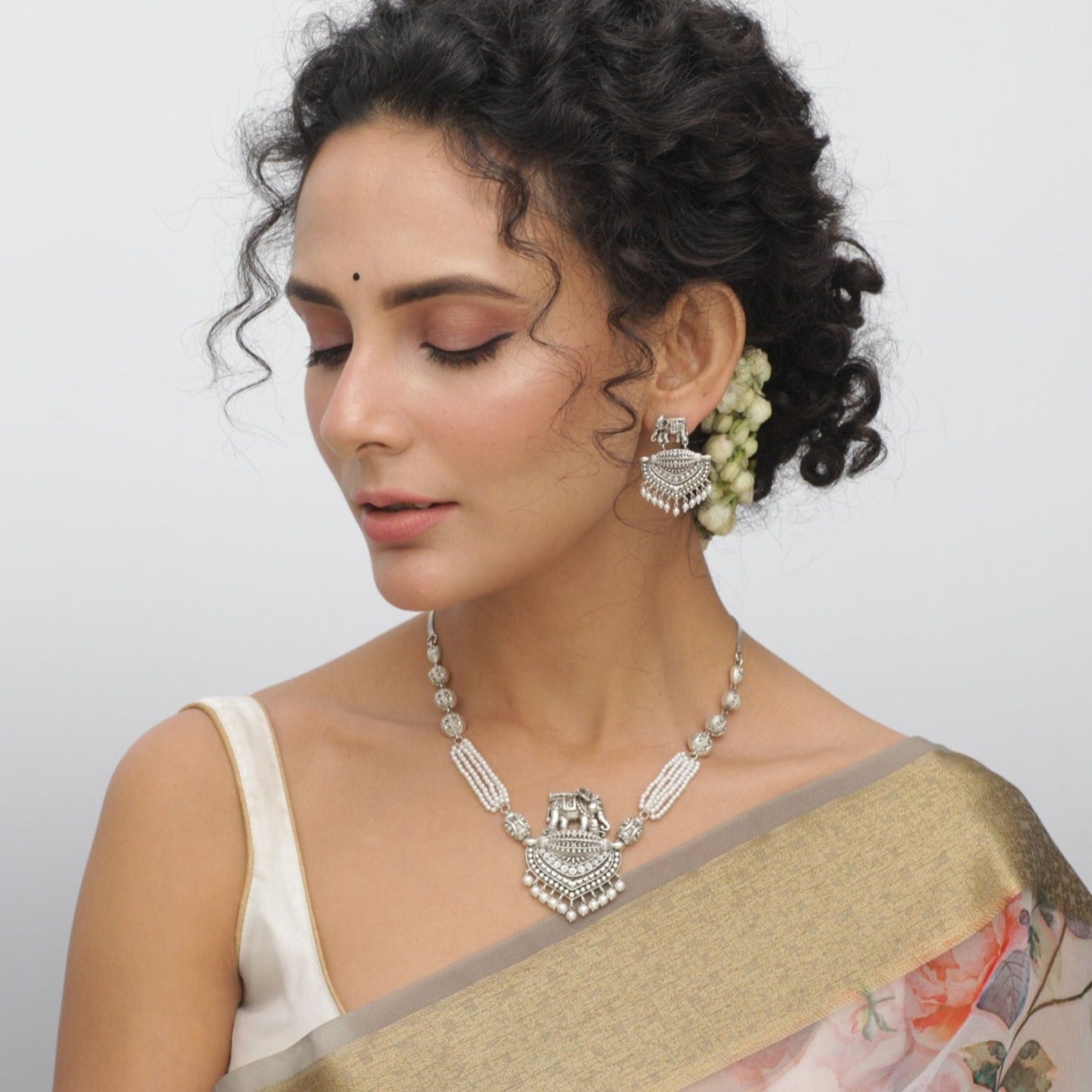 Maati Elephant & Pearl Antique Oxidized Necklace Set