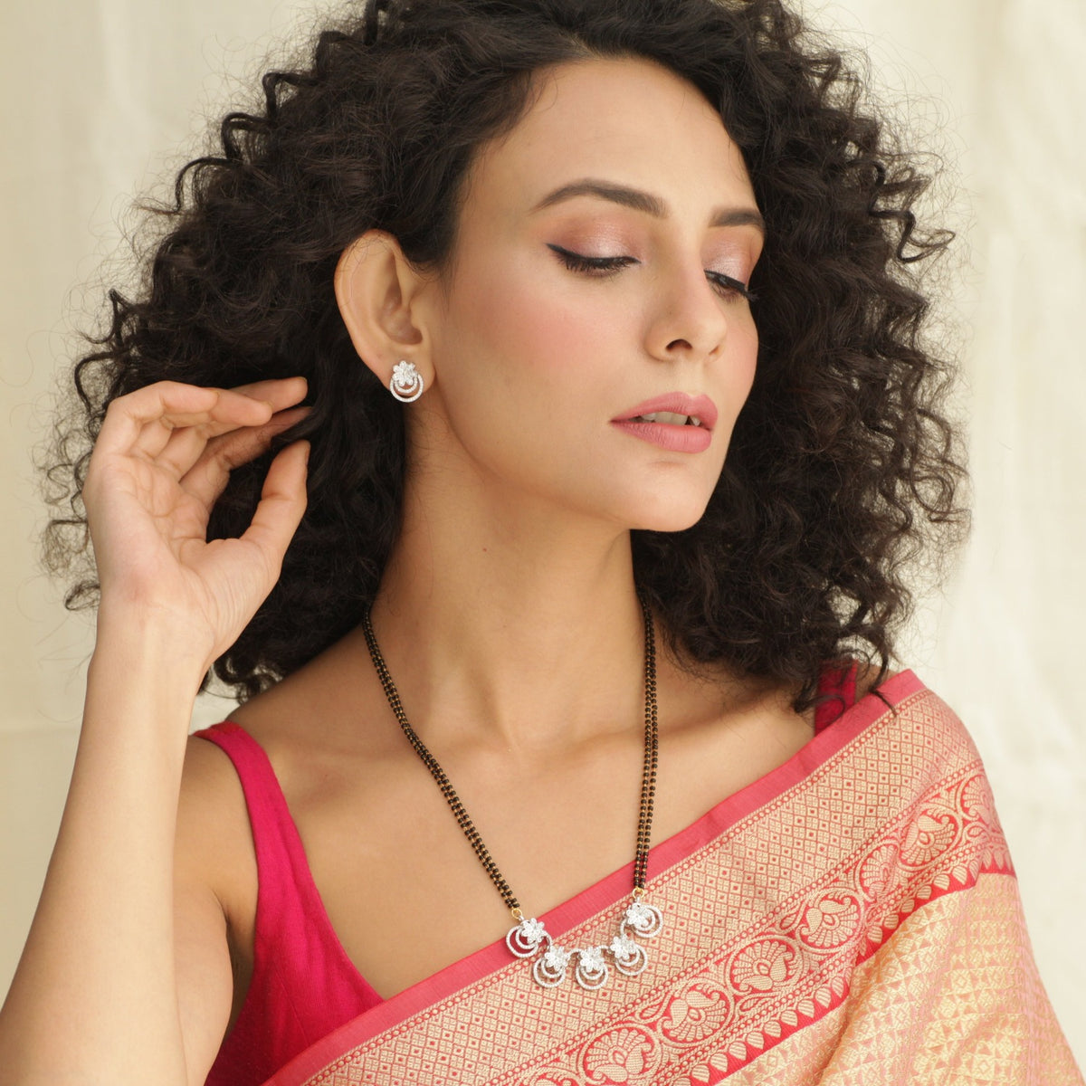 Najira Delicate CZ Black Beads Necklace Set  