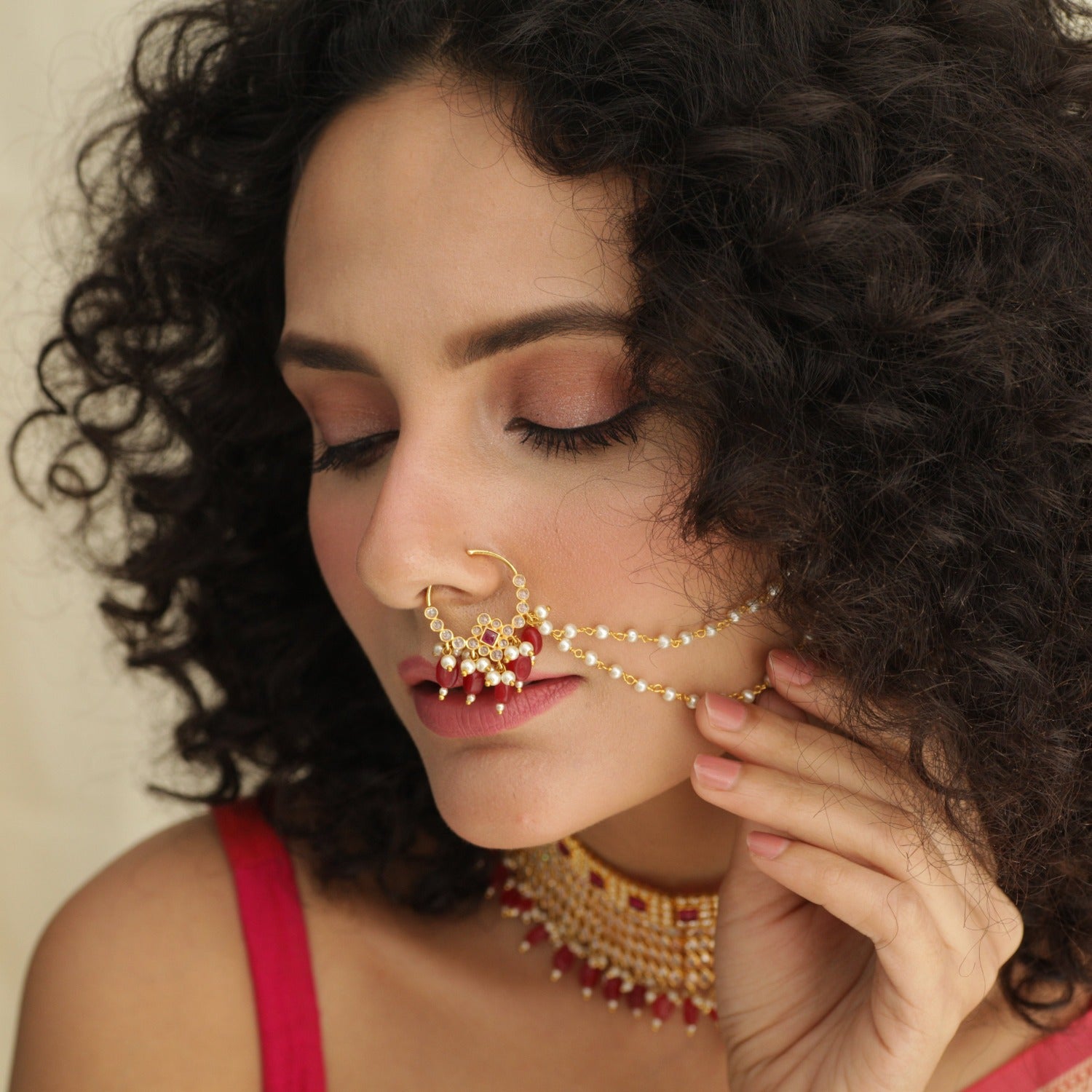 Gold Plated Stone Studded Triple Chain Multicolor Floral Nath/Nose Rin –  Priyaasi