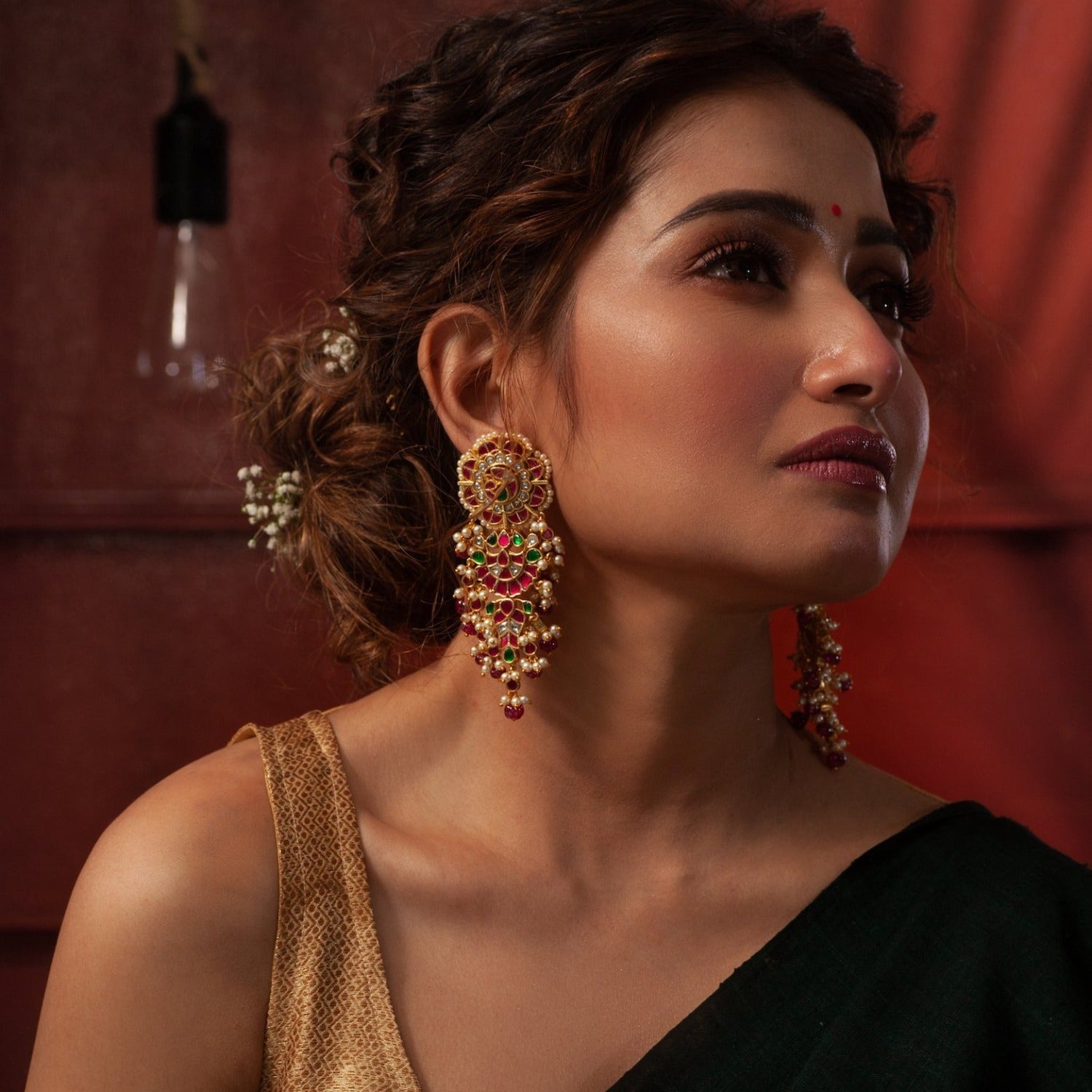 Adhira Gold Plated Kempu Jadau Earrings