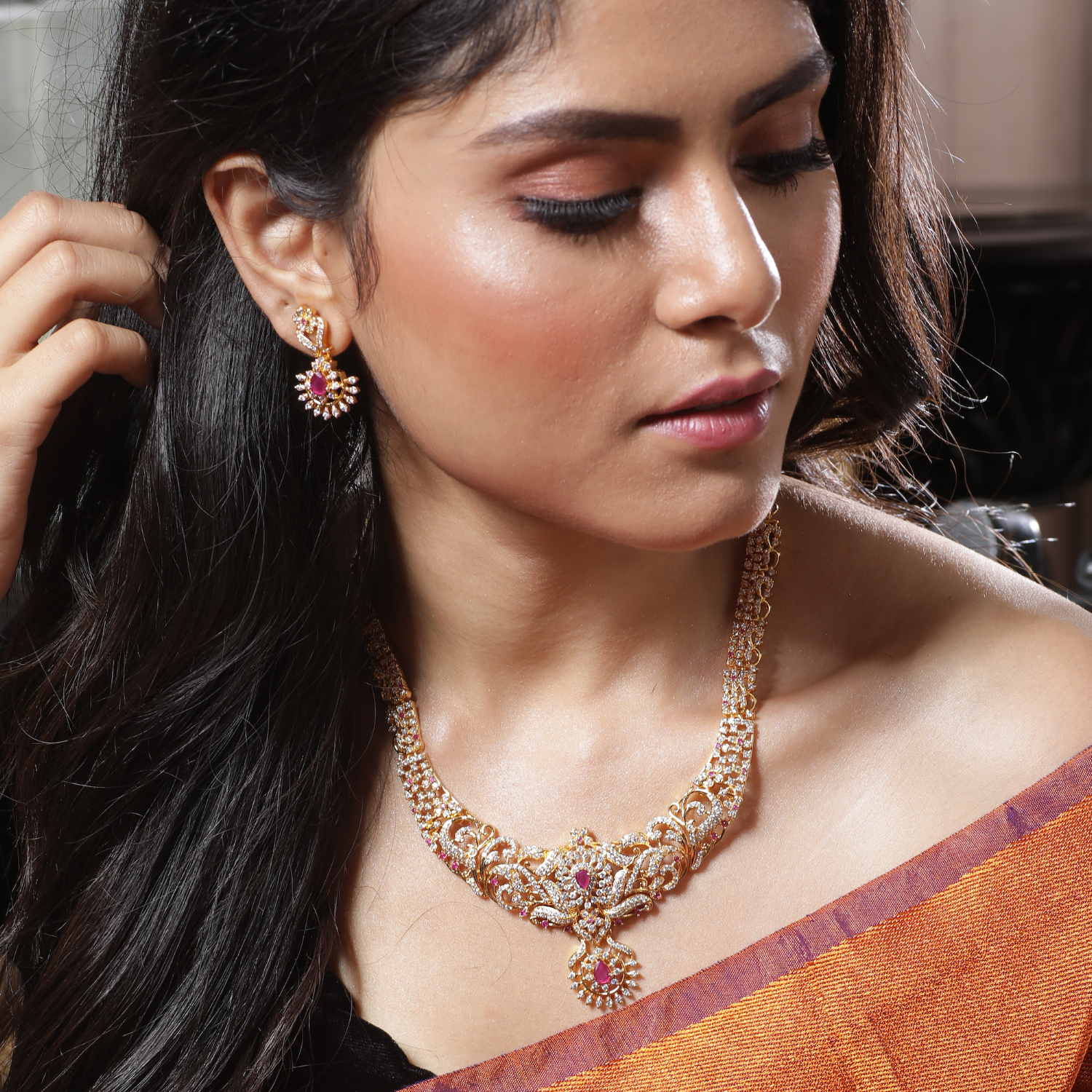 Cute silver CZ choker necklaces  American Diamond Indian Choker earri –  Indian Designs