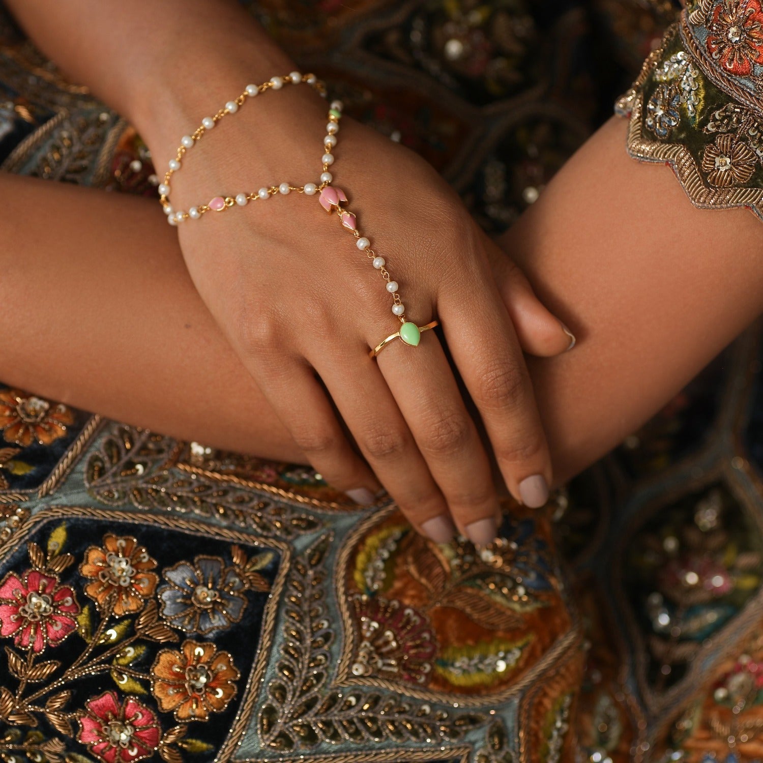 Jalaja Lotus Bud Ring Hand chain Bracelet