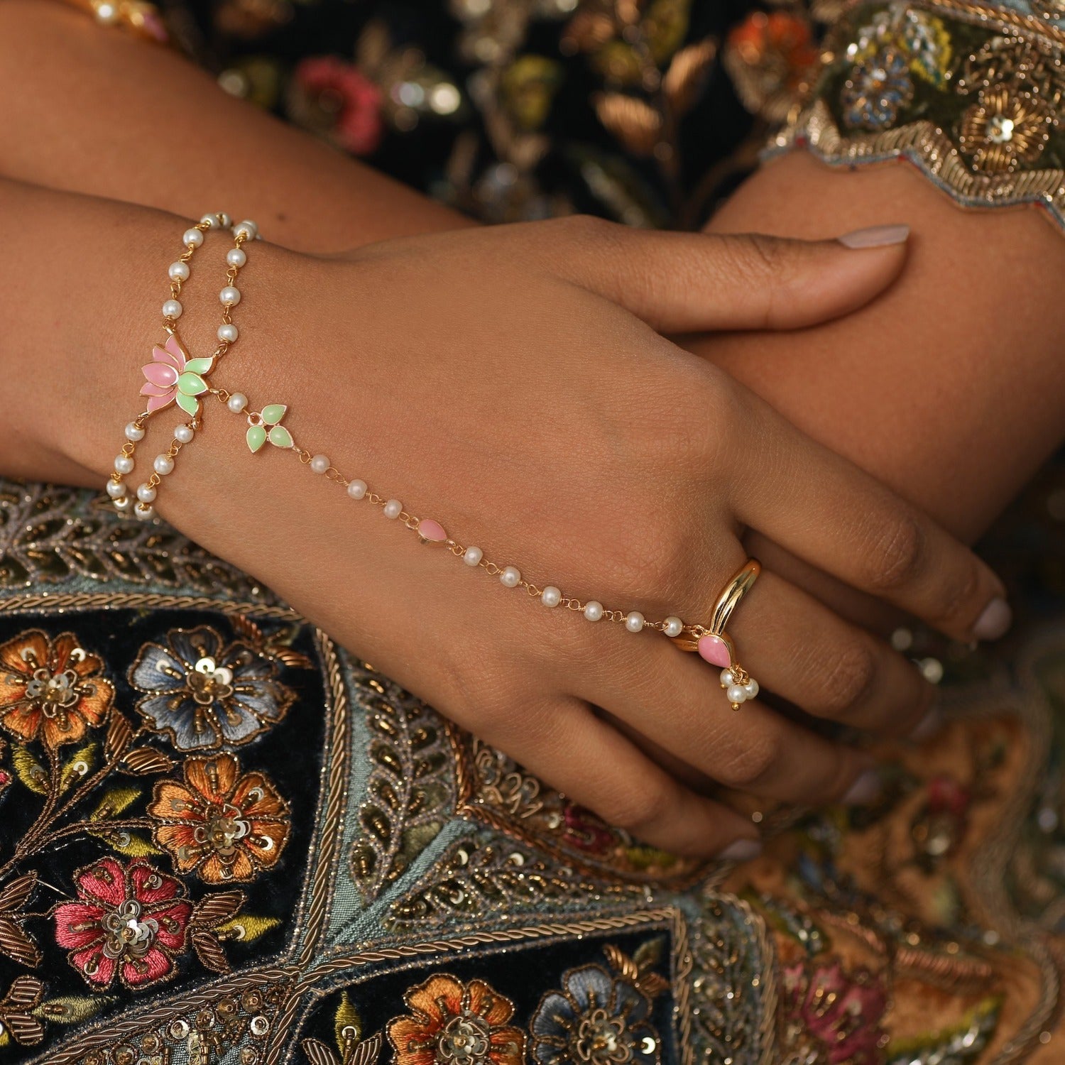 Buy Jalaja Double Pearl Ring Hand Chain Bracelet | Tarinika