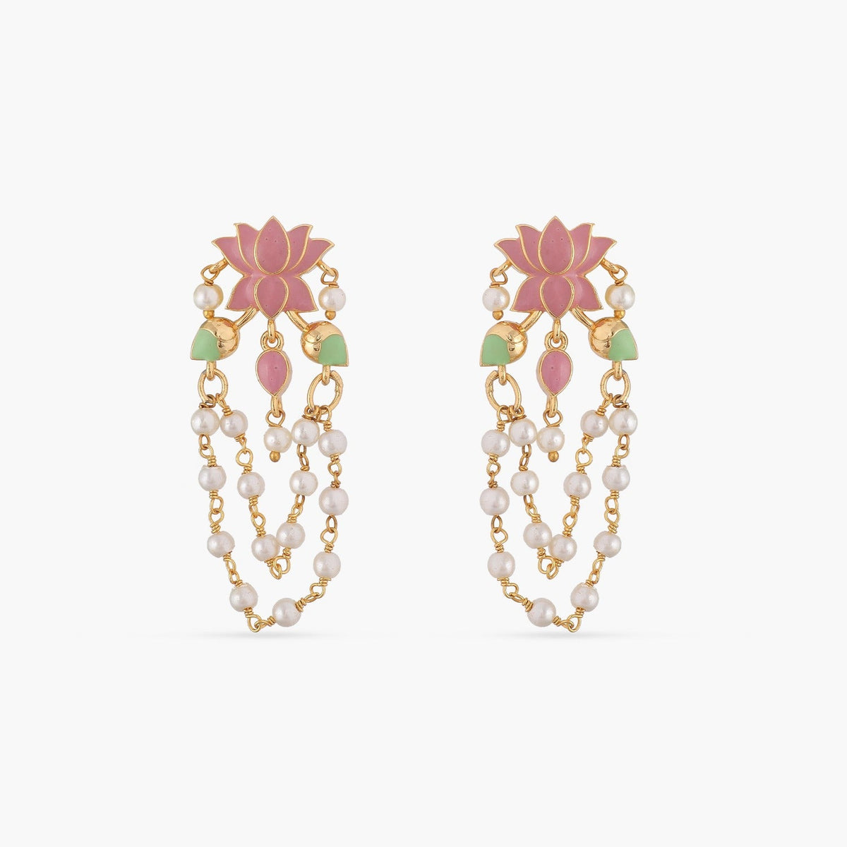 A picture of Indian artificial earrings: a pair of chandelier earrings with pink and green gemstones with white beads on a white background.