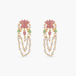 A picture of Indian artificial earrings: a pair of chandelier earrings with pink and green gemstones with white beads on a white background.