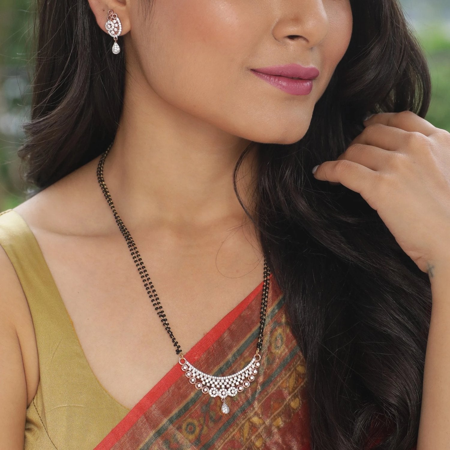 TARINIKA Kalya Nakshatra CZ Black Beads Necklace Set White Red